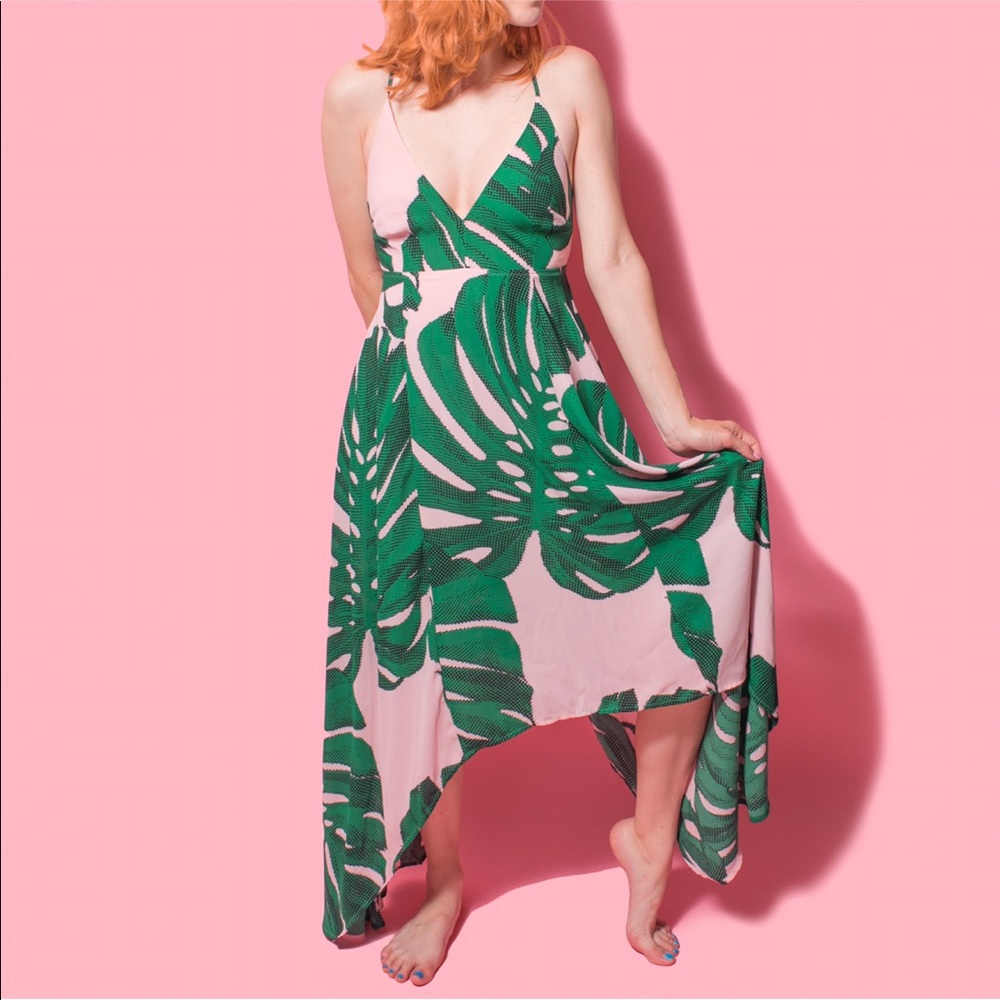 Pink and green palm leaf print maxi dress